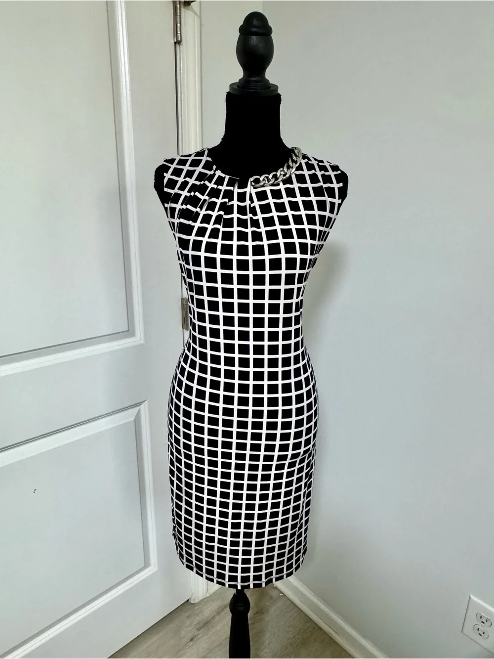 Michael Kors Black and White Grid Sheath with Chain Accent